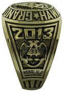 An entirely custom design ring for a PGM, Past Potentate, and 33rd degree Mason of Hawaii. Executed in 18k gold with antiqued highlights. The shank is all solid with our signature squared base for durability and comfort of wear.