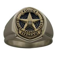 Custom Dallas Police Sergeant badge ring, scaled for a lady's hand, shown in 10k yellow & white gold with optional 0.01 ct. diamond