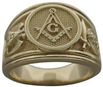 14k yellow gold man's Masonic Thirty Second Degree ring with double eagle Scottish Rite and crescent with scimitar Shrine emblems