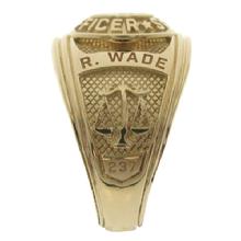 Custom Travis County Sheriff's Deputy class ring side panel with scales of justice in 3D.