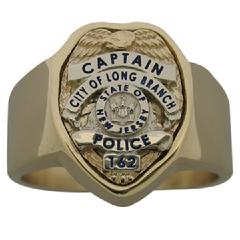 Long Branch Police Captain badge ring in yellow and white gold