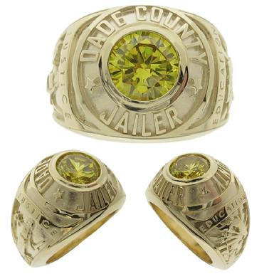 Custom Dade County (FL) Jailer class style ring in 10k yellow gold with large yellow faceted center stone.