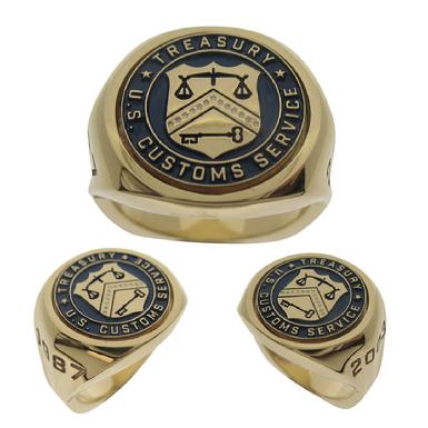 Custom U.S. Customs Service Department of the Treasury badge seal ring in 10k yellow gold with blue enamel.
